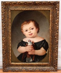 Arte: ESCUELA ESPAÑOLA (XIX) OLEO SOBRE CARTON. NIÑA CON PALOMA DE AUTOR ANONIMO